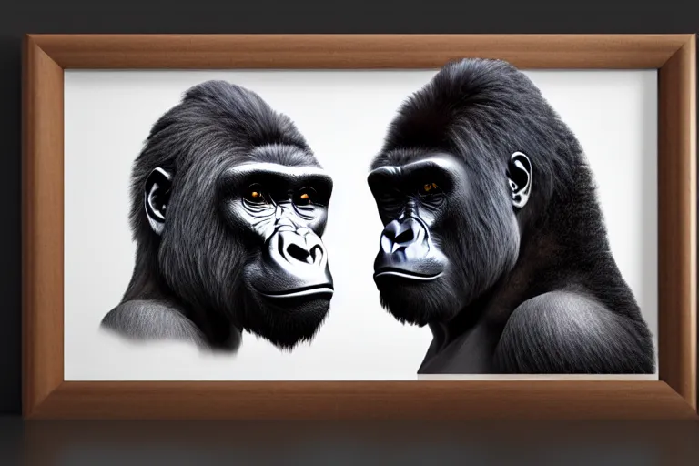 Image similar to Gorilla contemplating a framed portrait of a human wearing a sailor’s hat, hyperrealistic, concept art, 8k, artstation, cinematic, volumetric lighting