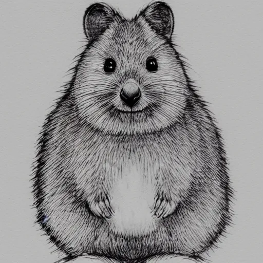 Image similar to portrait of a happy quokka, mcu, drawn with a single line, line drawing, art, minimalist, continuous line drawing, sakura pigma micron, white background, negative space,