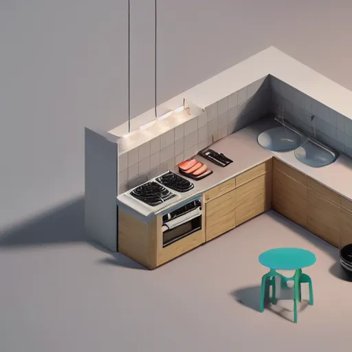 Prompt: isometric minimalistic chubby kitchen, blender, cinema 4 d, 1 0 0 mm, depth of field, octane render, studio lighting