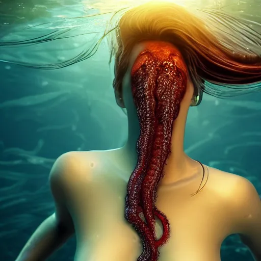 Image similar to beautiful, terrifying, demonic, full body female, with the body of a goddess, seaweed bikini top, a beautiful asian girl face, tentacles as hair, with parasitic tentacles crawling up her, in a underwater horror scene, photo realistic, dramatic cinematic lighting, octane render, 4k, ultra detailed