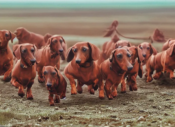 Image similar to Herd of dachshunds migrating in the Tundra, National Geographic photograph, very detailed, 8k