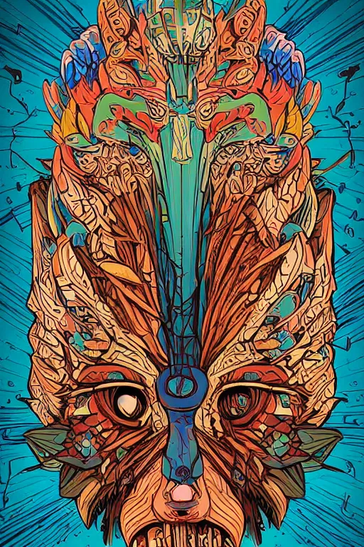 Image similar to animal mask totem roots flower tribal feather gemstone plant wood rock shaman vodoo video game vector cutout illustration vivid multicolor borderlands comics by josan gonzales and dan mumford radiating a glowing aura