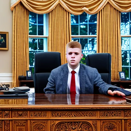 Image similar to professional photograph of yung lean sitting in the oval office desk speaking to a news reporter at night time, 8 k, very detailed, very intricate,