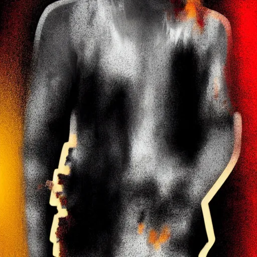 Image similar to detailed half body digital art of a person wearing ragged and ruined clothes. the background is pure black with a little bit of glow behind the character