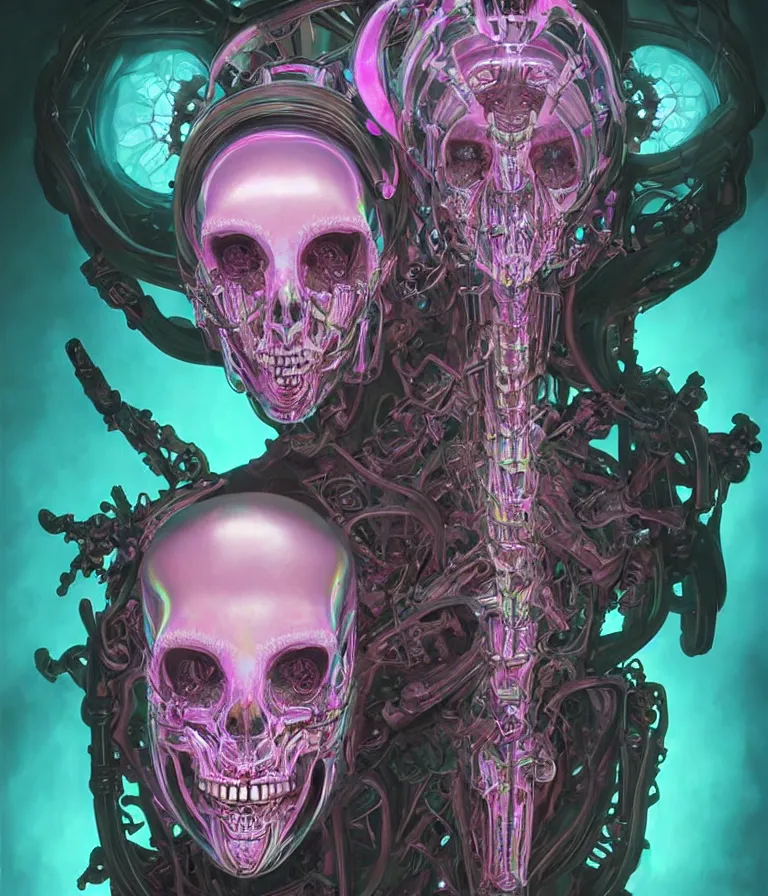 Image similar to fully symmetrical centered iridescent portrait of a beautiful princess demon in robe. skulls artificial muscles, ribcage, bones, hard surface modelling. cyberpunk look. biomechanical mask. bio luminescent biomechanical halo around head. neon jellyfish. artwork by jarold Sng by artgerm, by Eddie Mendoza, by Peter mohrbacher by tooth wu, by beeple, unreal engine, octane render, cinematic light, high details, iridescent colors, dichroic, macro, depth of field, blur