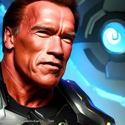 Image similar to a screenshot of arnold schwarzenegger as echo in overwatch, portrait, fantasy, beautiful face, vivid colors, elegant, concept art, sharp focus, digital art, hyper - realistic, 4 k, unreal engine, highly detailed, hd, dramatic lighting by brom, trending on artstation