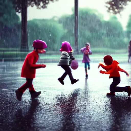 Prompt: kids playing at playground in the middle of rainy day. photorealistic, hyperrealistic, cinematic, artstation, octane render, unreal, 8 k