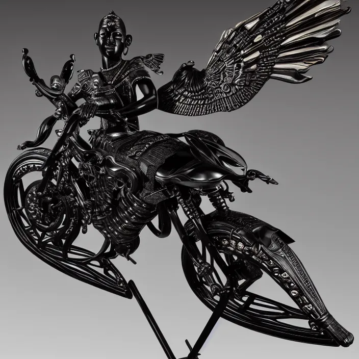 Image similar to fine art statue of masculine black egyptian god on a surrealist motorcycle, ebony art deco, carved black marble, inlaid with ebony and gold accents, ebony rococo, wings black lace wear, sculpted by spider zero, zaha hadid, beautifully lit, hyper detailed, intricate, elite, ornate, photorealistic, micro details, 3 d sculpture, ray trace