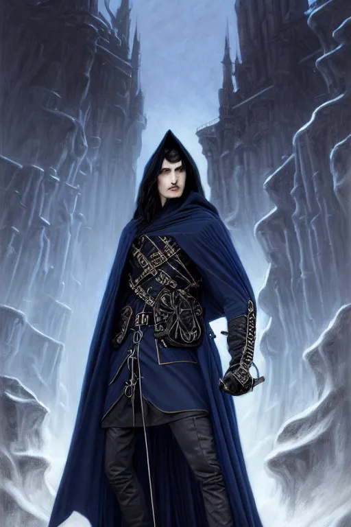 Image similar to handsome male fighting a giant, long black hair blue eyes wearing cloth mantle gothic navy cloak with leather details, cliffside town, fantasy character portrait, ultrarealistic, intricate details, elegant, cinematic lighting, highly detailed, artstation, dnd art, cgsociety, sharp focus, beautiful digital painting by artgerm, gerald brom, wlop, alphonse mucha