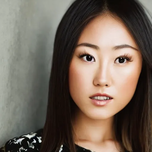 Image similar to beautiful portrait karen fukuhara bald neutral expression face straight on headshot even lighting