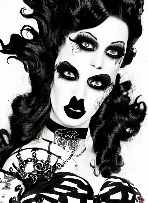 Image similar to of a goth girl burlesque psychobilly punk, detailed face, white background, drawing, full body shot