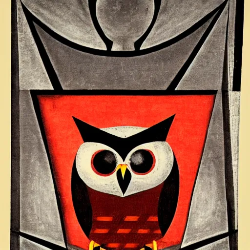 Image similar to symbol of an owl on a war banner, avant garde style, cubism, red eyes, circa 1 6 0 0 s, shallow focus, old, grain, scretch, photorealism, realistic photography, war photography, war, history, museum collection