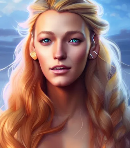 Prompt: beautiful portrait of a goddess who looks like Blake Lively , character design by charlie bowater, ross tran, artgerm, and makoto shinkai, detailed, soft lighting, rendered in octane