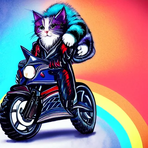 Image similar to wide angle full body, jacket wearing fluffy cute rainbow kitten wearing a black leather motorcycle jacket, cinematic concept art