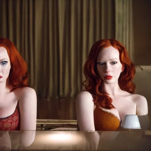 Image similar to a very surprised beautiful Christina Hendricks and her twin sister in the living room, film still from the movie directed by Denis Villeneuve with art direction by Salvador Dalí, wide lens