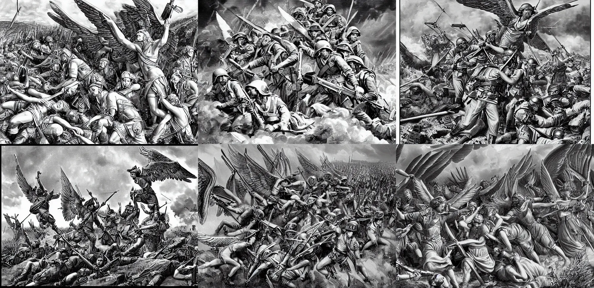 Prompt: Military chronicle of a battle between a group of winged biblical angels and the German army in 1943. Intricate, highly detailed, black and white alternate history digital art