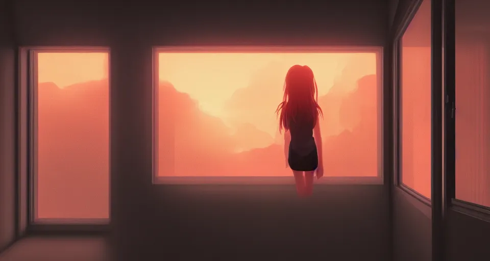 Image similar to hyperdetailed picture of a girl on the window pane watching the sunset in the twilight, volumetric lighting, oil, glowing lights, 4k, octane, digital painting, pixiv, by Aenami