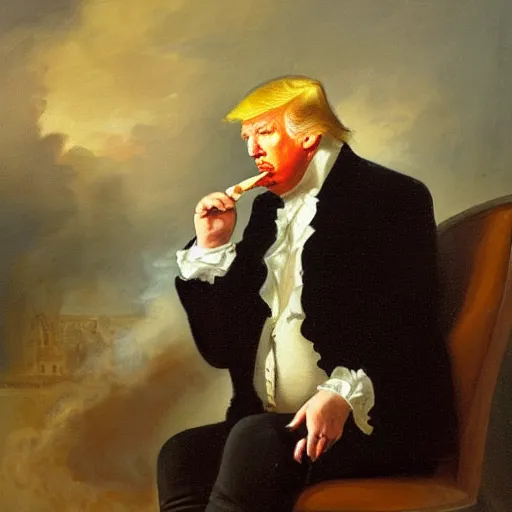 Prompt: oil painting portrait of Donald Trump smoking a cigar, Gilbert Stuart style