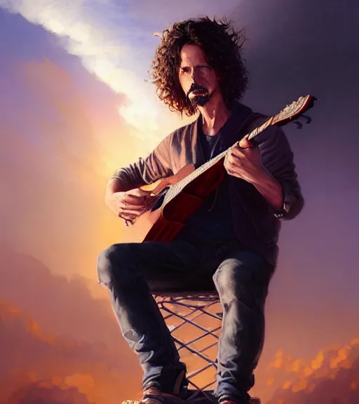 Image similar to highly detailed portrait of chris cornell playing a guitar, sitting in the clouds of heaven, stephen bliss, unreal engine, fantasy art by greg rutkowski, loish, rhads, ferdinand knab, makoto shinkai and lois van baarle, ilya kuvshinov, rossdraws, tom bagshaw, global illumination, radiant light, detailed and intricate environment