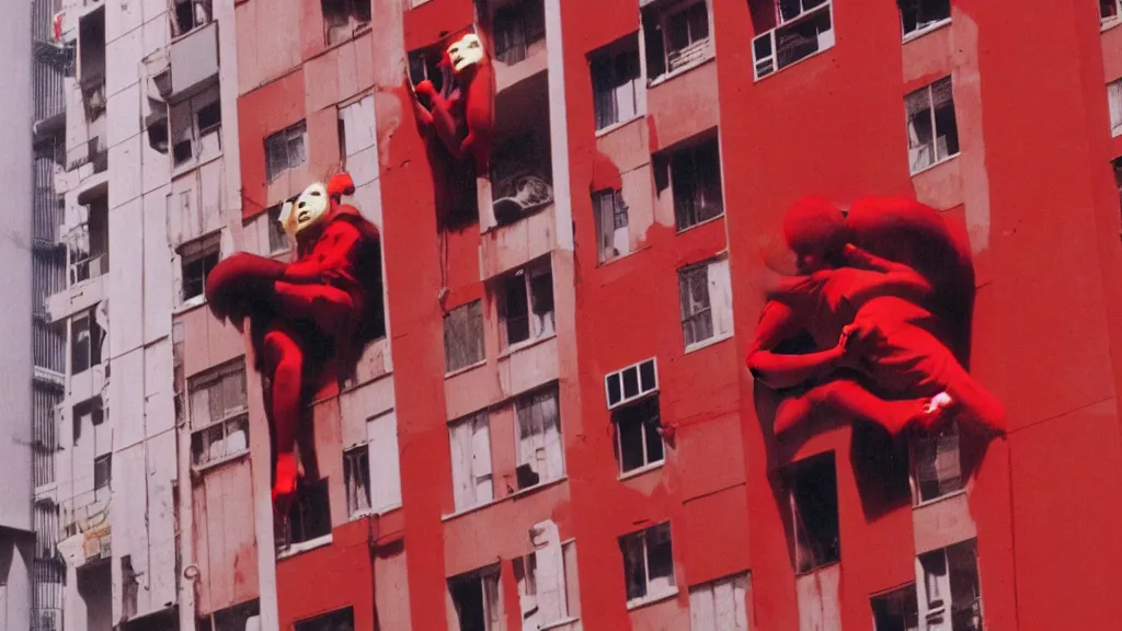 Image similar to a woman covered in red wearing a red baboon mask falling from a building in Tokyo , film still from the an anime directed by Katsuhiro Otomo with art direction by Salvador Dalí, wide lens
