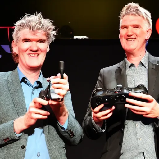 Prompt: tim finn and neil finn unboxing a playstation 5