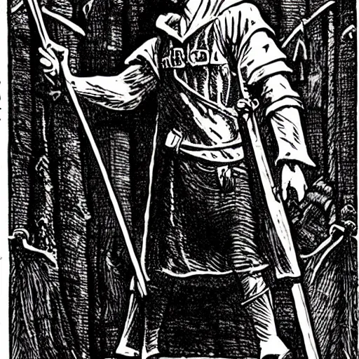 Image similar to Robin Hood character stamp in medieval style by frank godwin and moebius, ink outline, charcoal on paper, exlibris, rubber stamp