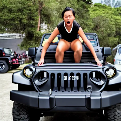 Prompt: an angry asian girl surfing on a black jeep wrangler