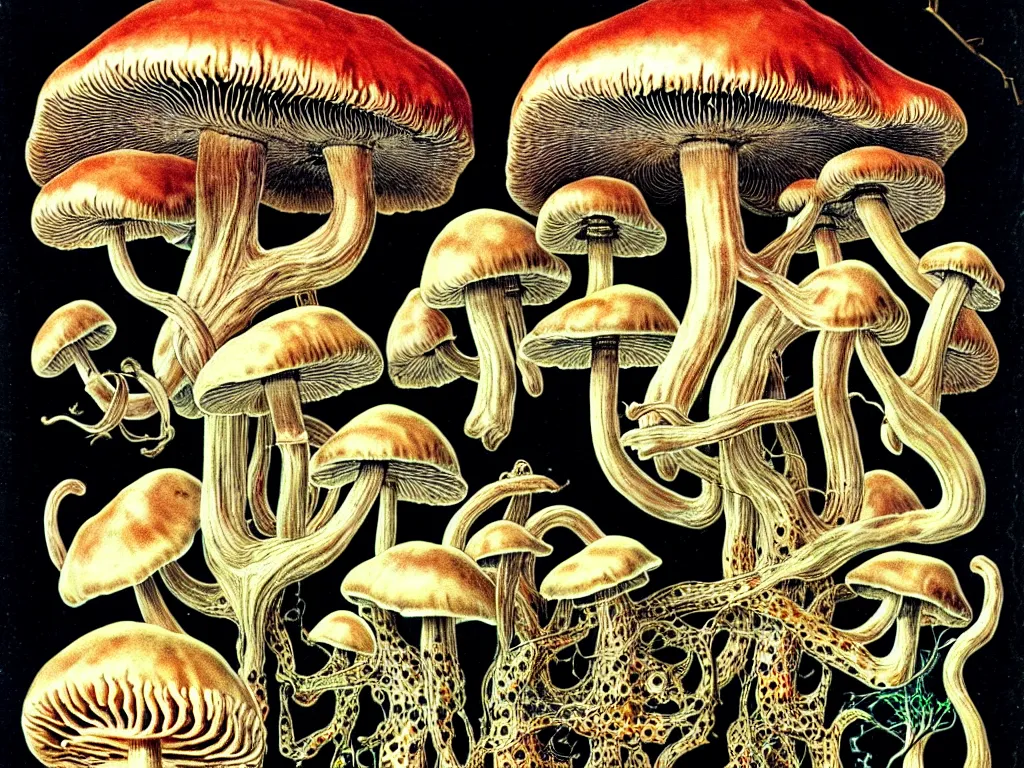 Image similar to human eating yourself with mushrooms, neo surrealism, art by ernst haeckel