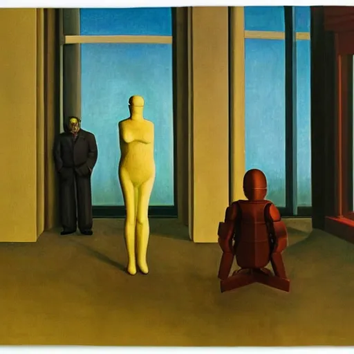 Image similar to human workers being reprogrammed at a mind control center, robot guards, grant wood, pj crook, edward hopper, oil on canvas