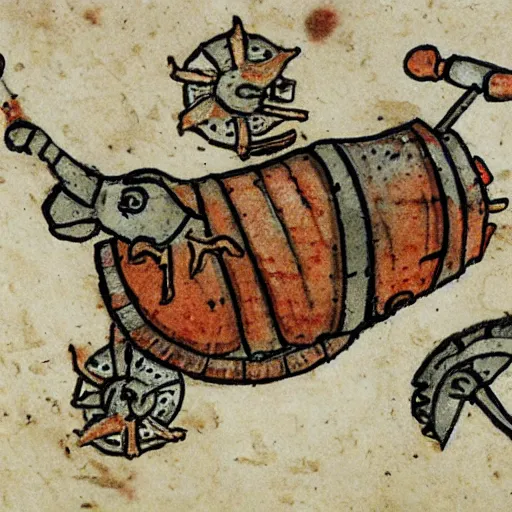 Image similar to medieval armored war snail manuscript miniature