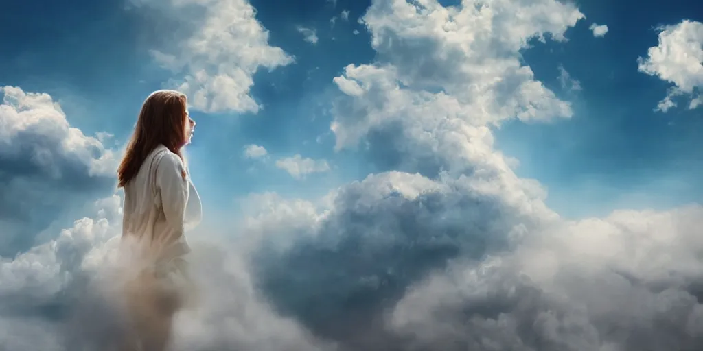 Image similar to realistic scene of a mysterious woman walking on a clouds while it's sunny, detailed, 1 4 5 0, delicate, hyper realism, ultra realistic, 8 k