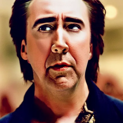Prompt: nicholas cage as juliet in her tower with nicholas cage as romeo, beautiful cature of the stageplay nicholas and nicholas by shakespeare
