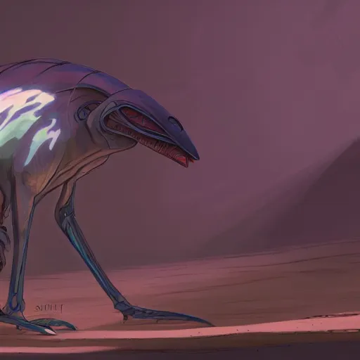 Image similar to concept art painting of an alien animal creature, detailed, cel shaded, in the style of makoto shinkai and moebius and james gurney