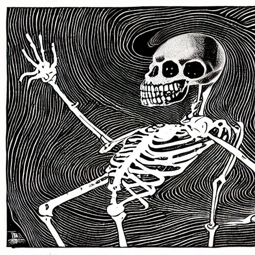 Image similar to black and white trippy comic art of a skeleton as death the grim reaper, lots of particles, drawn by Martin Rowson, salvador dali, Tim Burton, Studio Ghibli, Alex Pardee, Nekro Petros Afshar, James McDermott, cgsociety 4K