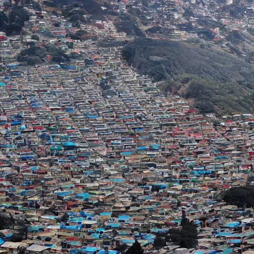 Prompt: color aerial view of San Francisco in 2035, as the sun is setting, and the bay is now filled in with a teeming favela, shanty houses of every different color, recycled materials, electric lines running everywhere, lights coming on in most of the houses, hyperdetailed, ap photo