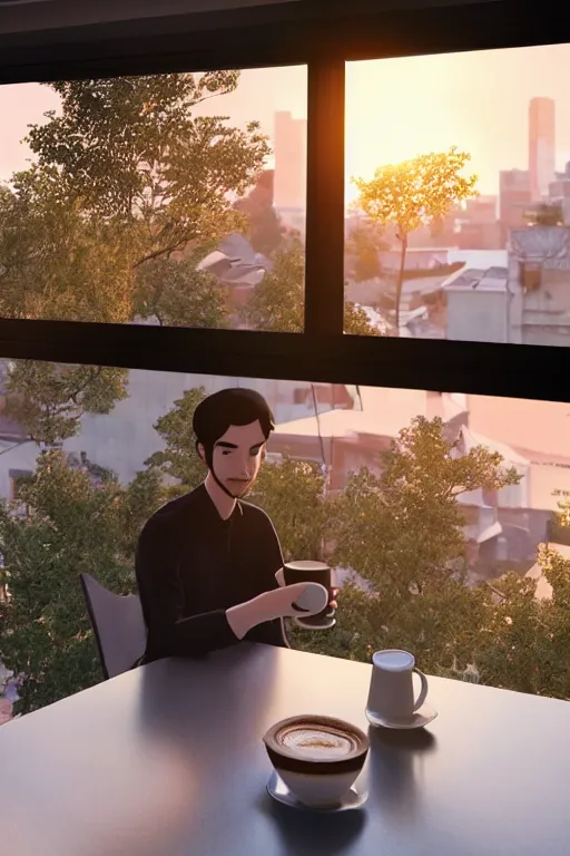 Image similar to a man sitting on a café table mext to a window and holding a cup of coffee at sunset, anime style, Pixar style, black hair, 4K, cartoon, concept art, octane render, unreal engine 5, path tracing, complementary colours, serene scene, warm, cute, natural lighting, high quality, highly detailed, high coherence, defined face, five fingers, anatomically correct, soft lighting, close view