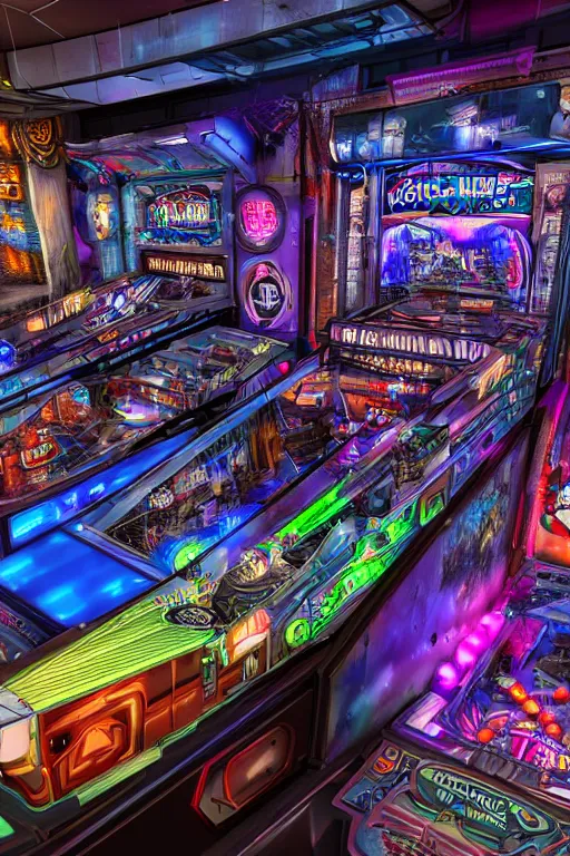 Prompt: a 3 d pinball game, theme is cyberpunk city market, tripmachines, realistic digital art, 3 d render of two huge futuristic steampunk generators inside a cyberpunk machine, 8 k, fluorescent colors, halluzinogenic, multicolored, exaggerated detailed, unreal engine