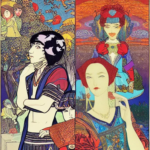 Image similar to detailed ivan bilibin and edmund dulac and ilya kuvshinov and katsuhiro otomo inspired print