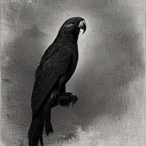 Prompt: portrait of an ominous parrot, by gustave dore and goya, high detailed, dark noir mood