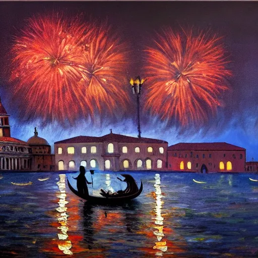 Image similar to an oil painting of couple kissing, in a background fireworks in venice