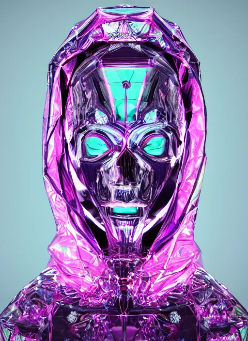 Image similar to photo of fullbodied baroque and bladerunner delicate neon diamond sculpture of seductive onyx albino marble prince adonis bosso dotado mint iridescent humanoid deity wearing pink plastic trashbag hooded cloak holding diamond skull in a white alien dungeon, reclining, glowing magenta face, crown of white diamonds, cinematic lighting, photorealistic, octane render 8 k depth of field 3 d
