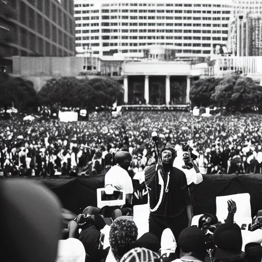 Image similar to vintage photograph of Kanye West speaking at the Million Man March, Sigma 40mm, portrait, black and white