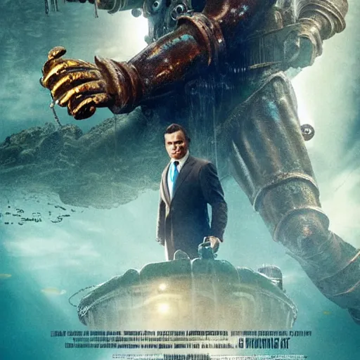 Image similar to movie poster depicting andrew ryan, portrayed by leonardo dicaprio, in a new live - action bioshock movie, the underwater city of rapture is also present