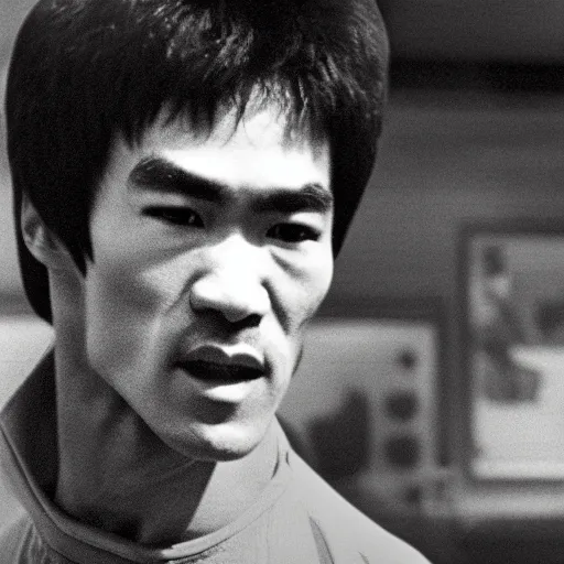 Prompt: 8 k photograph portrait of bruce lee, blurred wafflehouse i'm the background