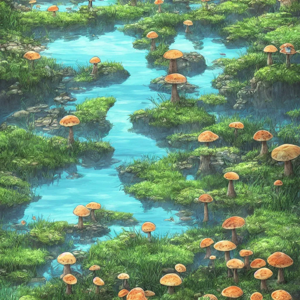 Prompt: a beautiful lake with cute little mushrooms growing around it, fantasy art, 2 d game art, by studio ghibli