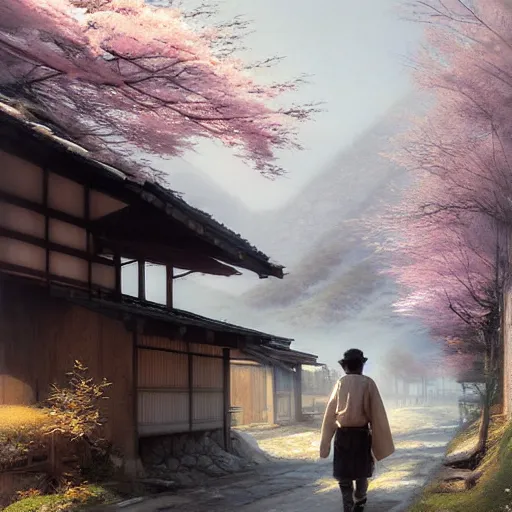 Prompt: walking around rural shirakawa - go, gifu, japan. volumetric lighting, spring late morning, nice slight overcast weather, realistic illustration, perfectly shaded, soft painting, art by krenz cushart and wenjun lin