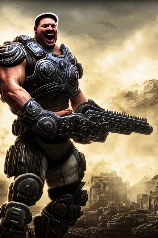 Image similar to Jordan B. Petterson as a muscular Gears of War character laughing, photorealism, half body, HDR ambient background, unreal engine 5, hyperrealistic, highly detailed, XF IQ4, 150MP, 50mm, F1.4, ISO 200, 1/160s, cinematic lights, Adobe Lightroom, photolab, Affinity Photo, PhotoDirector 365, realistic