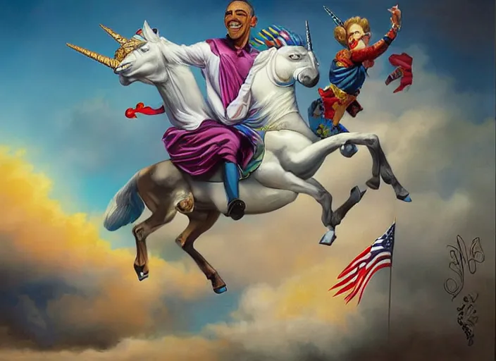 Image similar to obama riding an unicorn, by tristan eaton stanley artgerm and tom bagshaw.