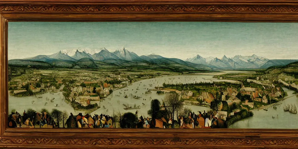 Prompt: the danube with alps in the style of pieter bruegel