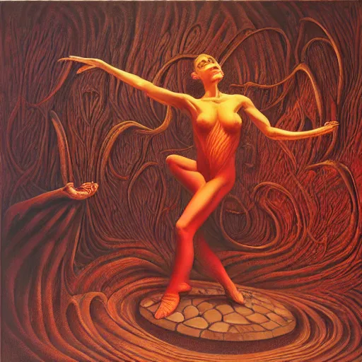 Prompt: a woman dancing with fire jacek yerka, alex gray, zdzisław beksiński, dariusz zawadzki, jeffrey smith and h.r. giger, oil on canvas, 8k highly professionally detailed, trending on artstation